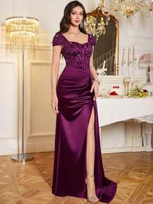 MIUSOL Sequin Floral Lace Draped Side Asymmetrical Hem Satin Formal Party Maxi Dress, For Wedding Guest, Graduation, Dinner