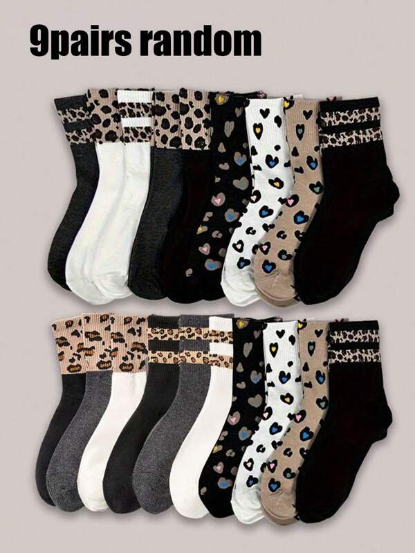 9 pares de calcetines medianos para mujer con diseños variados de rayas, estampado de leopardo y corazones, suaves y cómodos, con un estilo retro y de calle, adecuados para todas las estaciones