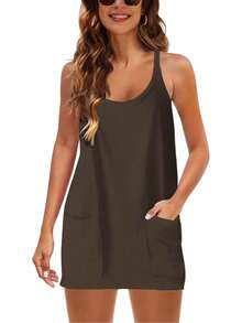 Women's Casual Sleeveless Backless Cami Short Dress With Pockets, Spaghetti Strap Tank Dress For Summer - Coffee - View 3