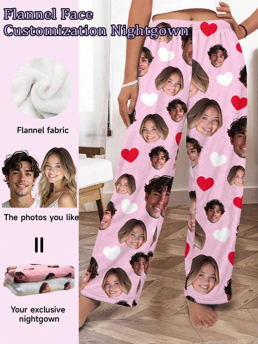 Quần pajama lông cừu mềm mại tùy chỉnh Printstory, cá nhân hóa, dành cho cặp đôi, thần tượng, đồ mặc nhà bằng vải flannel dày dặn, ấm cúng, dành cho gia đình, pajama in hình khuôn mặt tùy chỉnh theo xu hướng. - Hồng - Xem 1