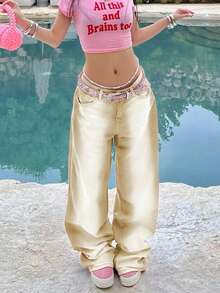 女式 Y2K 休闲破洞直筒牛仔裤，度假风格，秋季