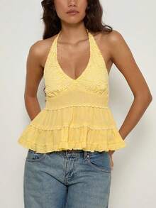 Women Lace Floral Embroidery Halter Top Sleeveless Ruffle Ruched Layered Flowy Vest Y2k V-Neck Tie-Up Backless Loose Crop Tank Top Summer Going Out Top Daily Party Club Travel Wear - 黃色 - 查看 1