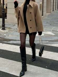 DEEKA Autumn/Winter New Wool Blend Short Coat, Oversized Loose Fit Petite Fashionable RetroOvercoatt - Khaki - View 8