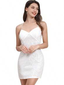 Teen Homecoming Dress Sequins Bodycon Mini Spaghetti Strap Floral Glitter - Putih - View 1