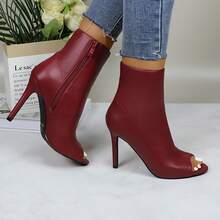 Womens Peep Toe Stiletto Booties Side Zipper High Heel Open Toe Ankle Boots CHARLIE-212 - 葡萄酒 - 查看 5