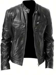 Men's Motorcycle Jacket, Urban Casual Stand Collar PU Leather Coat , Fall Winter