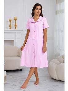 Camisón / Bata de dormir para mujer con botones | Nightdress, house dress y sleepwear cómodo. Camisón, Bata,Vestido para dormir - Rosa - Ver 3