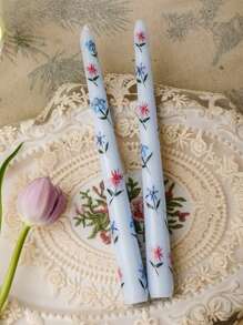 2pcs Printed Long Stem Candles, Romantic European Style Smokeless Odorless Candles, Suitable For Weddings, Birthdays, Parties, Candlelight Dinners, Home Decor