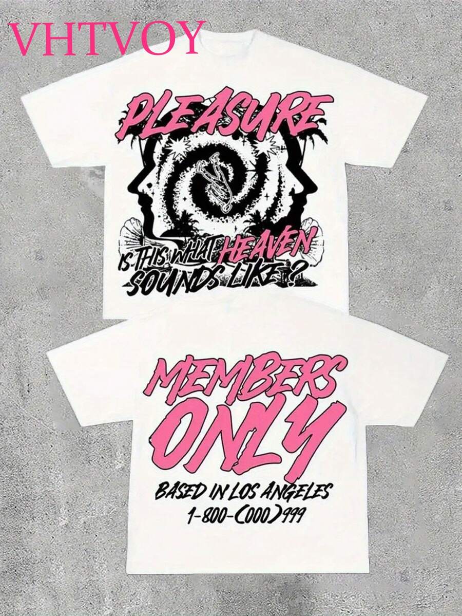 "MEMBERS ONLY" American Retro Graphic Print, Men's Summer Short-Sleeved Cotton Comfortable, Breathable Casual Outdoor Street Crew Neck T-Shirt - 白色 - 查看 1