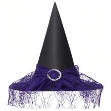 1 buc Pălărie de vrăjitoare pentru petrecere - Cu voal de dantelă pentru față Vrăjitor misterios - Costum de vrăjitoare cu coafură - Accesoriu de bal mascat pentru petrecere