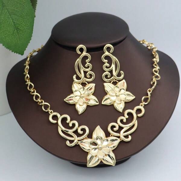 Ensembles de bijoux de luxe de couleur or 18 carats pour femmes. Collier et boucles d'oreilles en cuivre, ensembles romantiques pour le port quotidien, les fêtes et les mariages. Cadeau de bijoux.