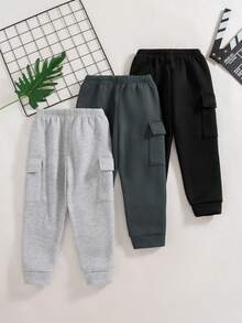 3 件套男童休闲时尚纯色口袋设计松紧腰裤和羊毛连帽运动衫，秋冬