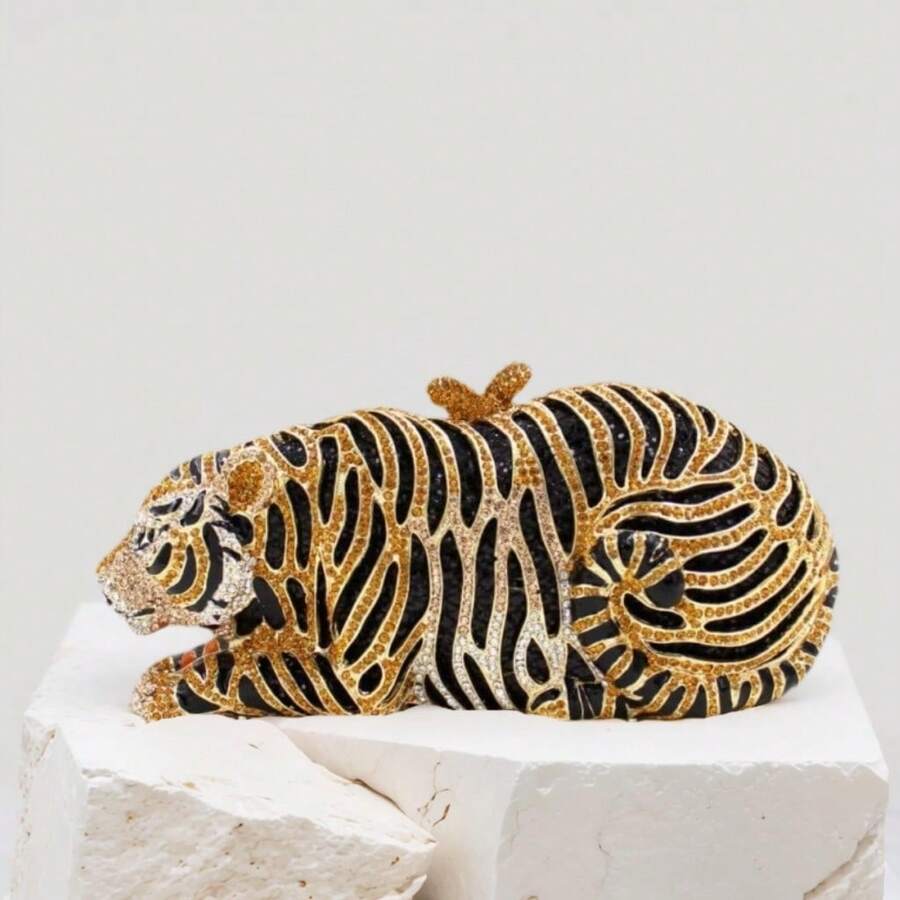 Women Cute Tiger Shaped Evening Clutch Sparkling Rhinestones Handbag Prom Party Purse - 金色 - 查看 1