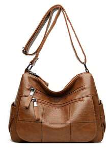 时尚软皮斜挎包女士2025休闲女式多口袋邮差包复古手提包女士单肩包 - 棕色 - 查看 3