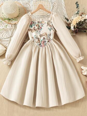 女童休闲优雅复古方领泡泡袖花卉印花 A 字连衣裙，春秋季