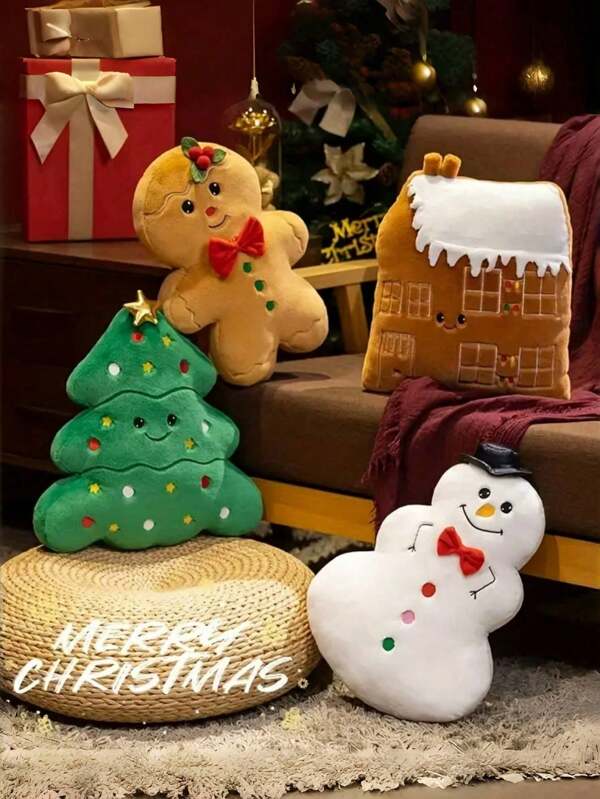 1pc Christmas Snowy Country Series Throw Pillow, Cartoon Christmas & New Year Holiday Pillow, Perfect For Year-End Winter Holiday Party And Gift, Mixed Color Gingerbread Man & Christmas Tree Hanging Ornament Pillow, Christmas Decor Gift For Men And Women, Christmas Eve Holiday Gift