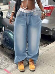 Women's Y2K Washed Vintage Wide Leg Jeans, Casual Street Style, All Season Spring - Light Blue - View 4
