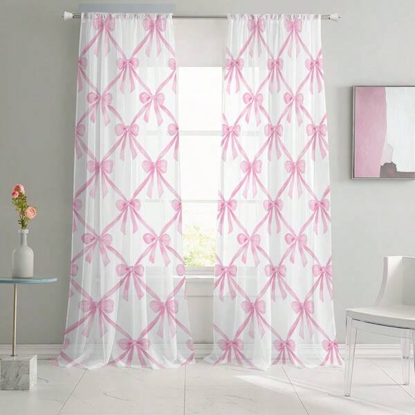 قطعتان ستارة شفافة بأسلوب حلو، بنمط الفيونكة الوردية، تنعيم الضوء، حماية الخصوصية، تصميم جيب القضيب،مناسب لجميع الفصول، ديكور منزلي متعدد الاستخدامات، قابلة للغسل في الغسالة، مصنوعة من مادة البوليستر، تضيف أجواء رومانسية لغرفة النوم والجلوس والمكتب.