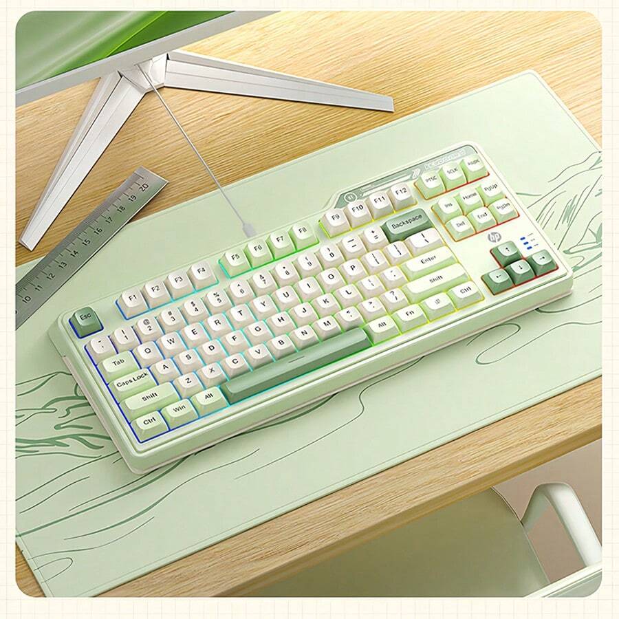 HP K120 87-Key Compact Gaming Keyboard Portable Gaming Tool Colorful Breathing Backlight Splash-Proof Design Durable Mechanical Feel Multi-Color Keycaps Milky Green - Milk Green - View 1