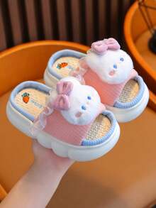 1 Pair Kids Linen Rabbit Slippers, Spring Autumn Girls Indoor Anti-Slip All-Season Boys Floor Slippers Winter - Pink - View 3