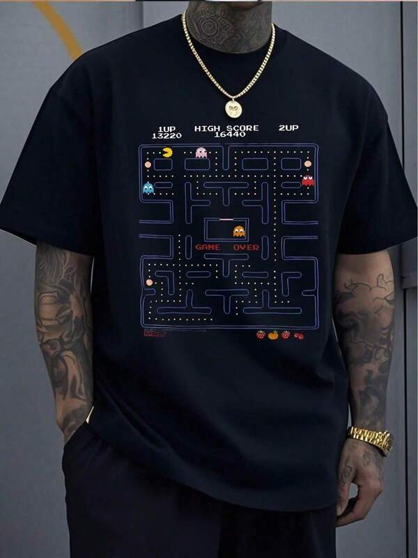 1 pieza Talla Plus (100% Algodón 220g Camiseta) Camiseta de Hombre Cuello Redondo Manga Corta Camiseta Gráfica de Juego de Arcade PacMan Impresión Digital Camiseta Retro Tema de Juego Casual Ropa de Calle Verano
