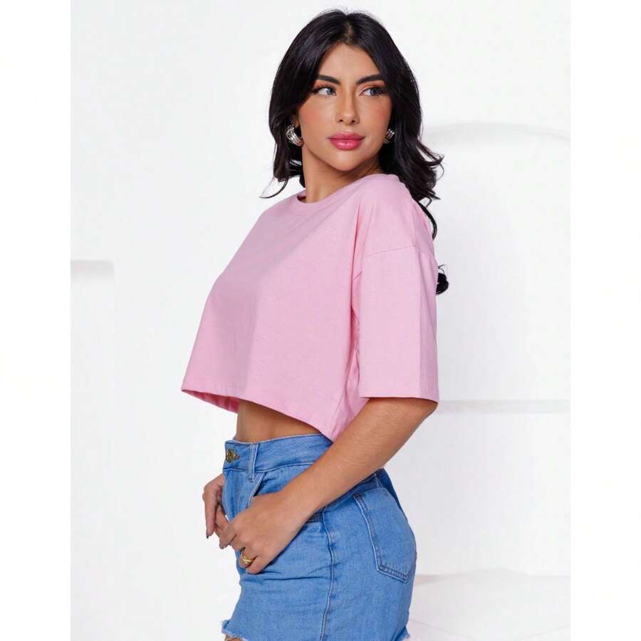 Women's Basic Cropped T-Shirt In Plain Cotton Knit - 粉色 - 查看 1
