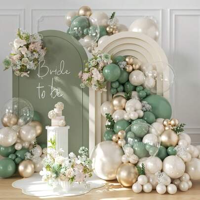 114pcs Beach White & Sage Green Balloon Arch Garland Set, Gold Latex Balloons, For Boys Girls Kids Babies Shower Gender Reveal Wedding Birthday Room Party Decorations