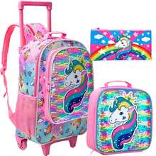 3PCS Rolling Backpack For Girls, Crown Unicorn Kids Roller Wheels Bookbag, Wheeled School Bag With Lunch Bag