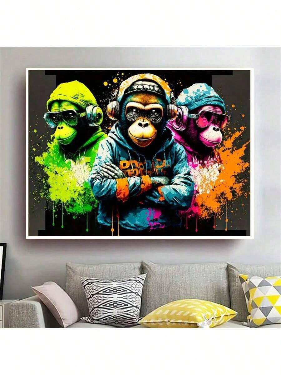 1 pièce Affiche sur canevas sans cadre contemporaine, peinture vibrante de gorille de musique, œuvre murale sur canevas imperméable et sans odeur, convient comme cadeau d'anniversaire, pour la chambre, le bureau, le salon, la maison et la décoration de dortoir
