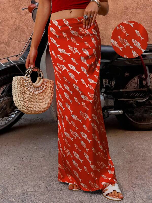 Women's Silky Satin Retro Fish Print Maxi Skirt: High Waisted Elastic A-Line, Elegant Versatile Style, Perfect For Spring/Summer Resort, Vacation, Evening Parties, Casual Outings & Beach Wear