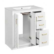 MERAX 30'' Bathroom Vanity With Ceramic Sink Combo, Solid Wood Frame Bathroom Storage Cabinet, Freestanding Vanity Set With 3 Drawers& Soft Closing Doors, White - trắng - Xem 9