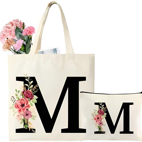 Gift Women Initials Canvas Tote Bag Canvas Shopping Bag With Pocket, Alphabet Tote Shopping With Letters Cosmetic Bag Gifts For Friend, Mom, Birthday, Mother's Day, Wedding, M,DTF