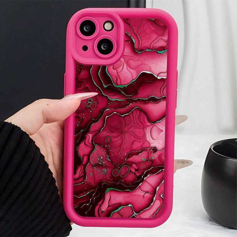 大理石纹理图案，全新玛瑙渐变手机壳，TPU软硅胶保护套，适用于 16 15 14 13 12 11 XS XR X 7/8 Mini Plus Pro Max系列，适合作为生日礼物 - 玫紅色 - 查看 1