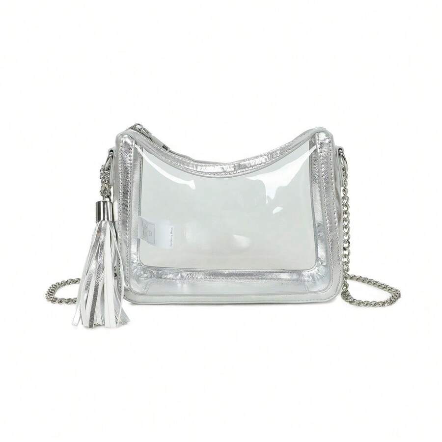 Transparent Bag With Matching Tassel Chain Shoulder Strap - Silver - View 1