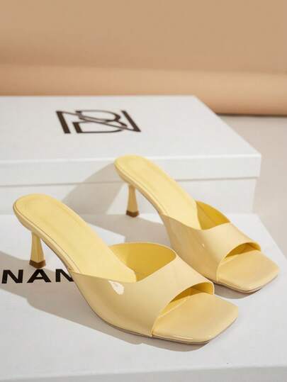 NANBEI ZUO 2025春夏新款时尚方头细高跟黄色漆皮穆勒拖鞋，优雅女士高跟拖鞋，装饰性设计，适合派对、婚礼、度假等场合，猫跟