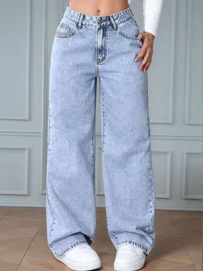 Jeans rectos de pierna simple con bolsillo delantero y botones, para uso casual diario de adolescentes