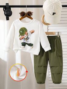 男婴卡通熊与绿帽子印花长袖羊毛圆领上衣+休闲工装裤套装 - 綠色 - 查看 3