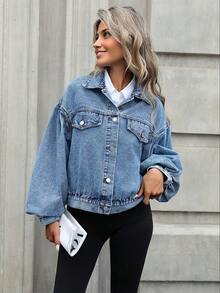 时尚百搭灯笼袖设计 Y2K 美感休闲酷炫牛仔夹克，适合少女，年轻女孩，春夏 - 藍色 - 查看 6