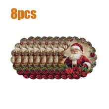 8pcs/6pcs/4pcs/1pc Holiday Christmas Placemat Set - Polyester Linen Round Placemats With Santa Claus & Reindeer Design, Christmas Floral Print, Non-Slip, Hand Washable, Suitable For Holiday Dining And Home Decor, Durable.