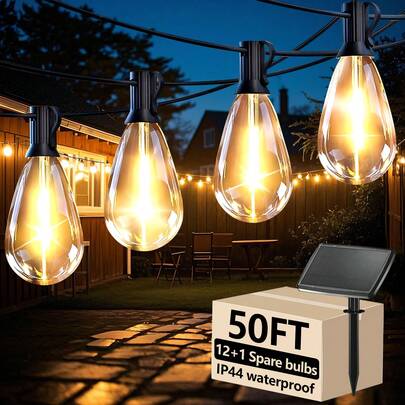 S14 Solar Outdoor String Light 100FT, 2700K Warm Color Hanging Lamp, USB-C Port, Dimmable Break Proof Edison Bulb, Weather Resistant, Suitable For Garden, Terrace, Porch, Garden, Cafe, Camping Place, Christmas, Halloween Lighting Decoration.