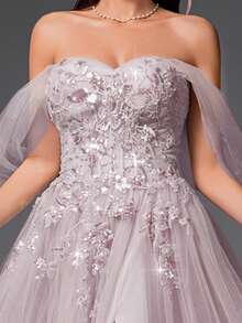 VIPGIRL 粉色露肩薄纱贴花舞会礼服，甜心A字开衩正式晚礼服，女士公主舞会礼服，适合毕业典礼、庆典、婚礼宾客 - 藕粉色 - 查看 11