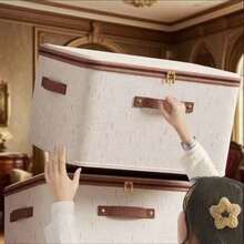 1pc Linen Fabric Storage Box With Zipper Lid, Foldable & Washable Closet Organizer Container - Beige - View 2