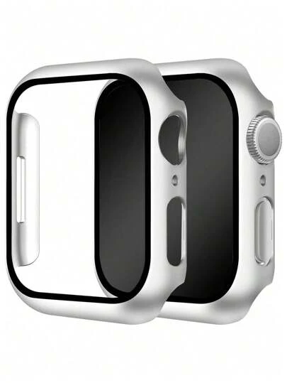 钢化玻璃屏幕保护膜 - 全覆盖坚固PC保护壳，高清超薄，适用于 Series Ultra/SE/11/10/9/8/7/6/5/4/3/2/1，适用于38/40/41/42/44/45/46/49mm表壳，智能手表保护壳配件，银色