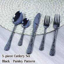 WAYDEKO Stainless Steel Flatware Set Knives Forks Spoons Set, Lasered Vintage Paisley /Seashell/Snowflakes Pattern Design, Mirror Polish And Dishwasher Friendly Black,Blue,Colorful Silverware Set, Cutlery Set,Stainless Steel Halloween Black Flatware Set Knives Forks Spoons Set