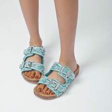Comfortable Women's Flat Sandals Bling Bling Sandals Women's Sandals With Rhinestones Women's Low Heel Sandals - 淺藍色 - 查看 2
