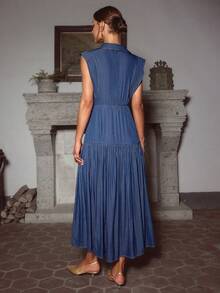 Sollinarry 女士秋季新款牛仔布无袖褶裥口袋连衣裙，适合办公室穿着，也适合教师穿着，优雅春季款 - 藏蓝色 - 查看 6