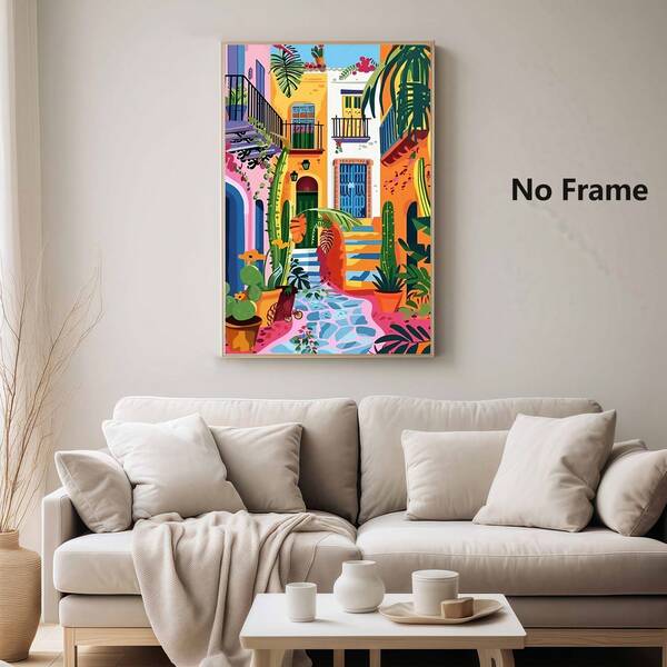 1 Piece,Colorful Urban Street Views With Cacti And Balconies, Modern Frameless Art Decoration Painting, Printed Posters Mural, Waterproof Canvas,Suitable For Home, Office, Bedroom, Living Room, Study, Bathroom, Bar, Wall Arts And Home Decoration, Is An Ideal Holiday Gift