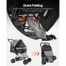 Pet Stroller, 44 Lbs Weight Capacity, Foldable Dog Stroller Cart, 4 Wheels Cats Stroller With Mesh Windows & Revrsible Handle, Portable Pet Carrier Stroller With Brake, For Small To Medium Pets - Black - View 6