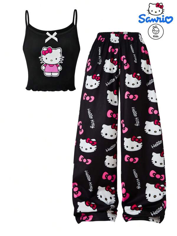 Sanrio Girls' Fashionable, Casual, And Sweet New Two Pieces Vest Set, Authorized By Sanrio With Hello Kitty Printed Vest And Pants, Suitable For Summer Home Wear