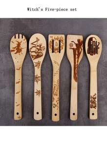 5pcs Bamboo Cooking Utensil Set. Non-Stick Pan Spatula Set. Wooden Kitchen Utensils, Wooden Spoon, Bamboo Cookware Set, Suitable For Non-Stick Pans With Wooden Spatula And Spoon, High-Quality Housewarming Gift, Everyday Wooden Kitchen Tools, Learning Supplies. - Multicolor - View 4